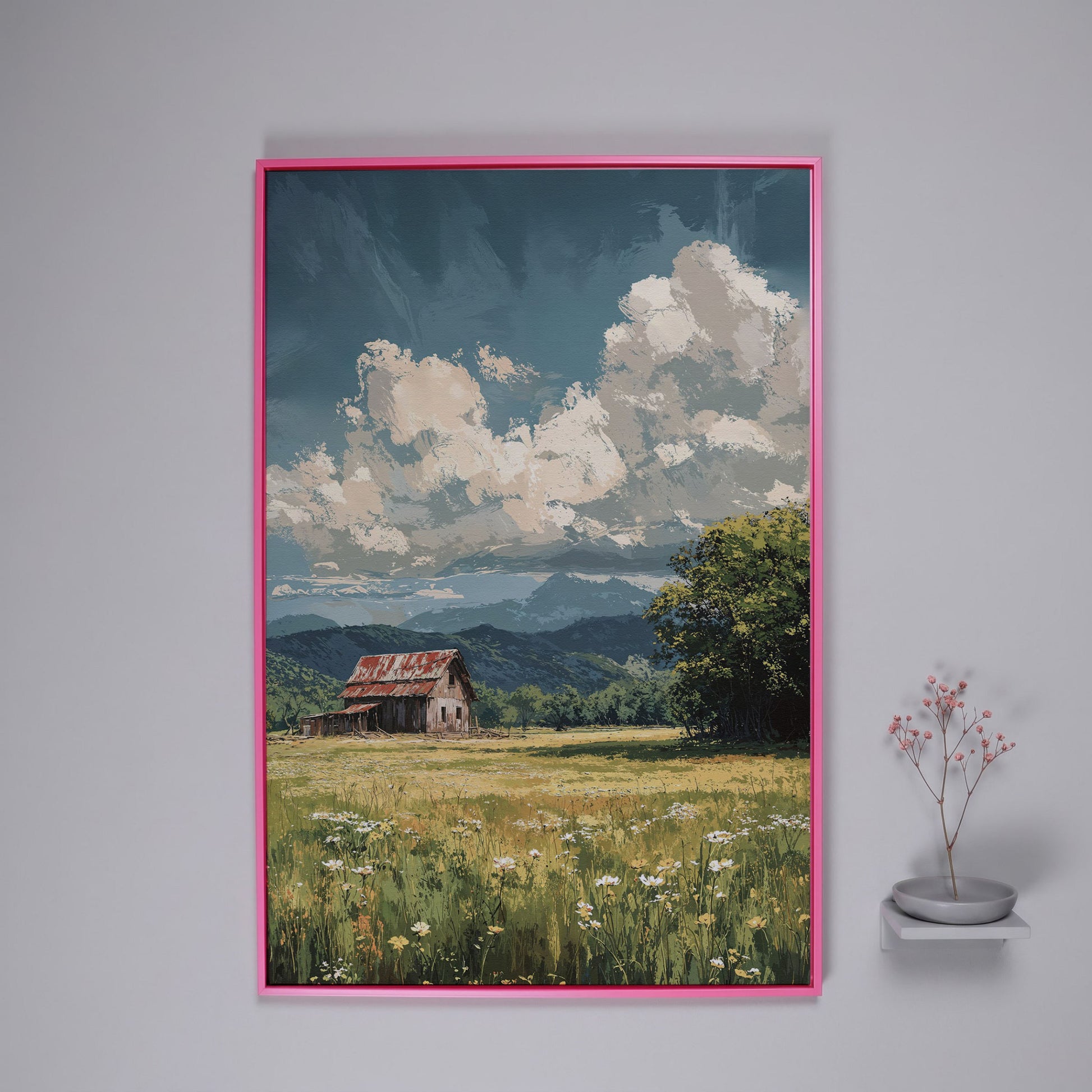 Red Barn and Wildflower Field Canvas Wall Art in pink floating frame