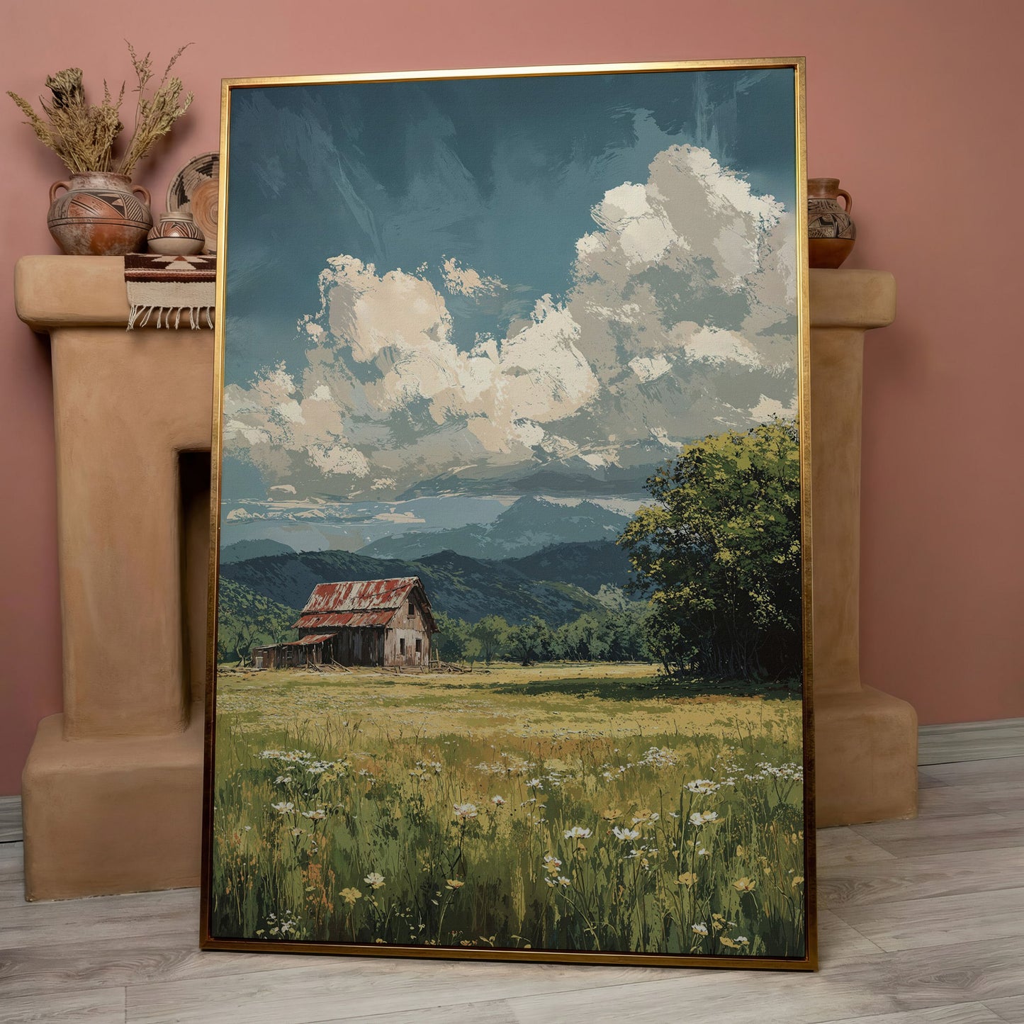 Red Barn and Wildflower Field Canvas Wall Art in rose gold floating frame