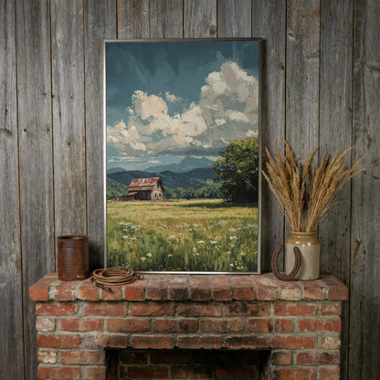 Red Barn and Wildflower Field Canvas Wall Art in silver floating frame