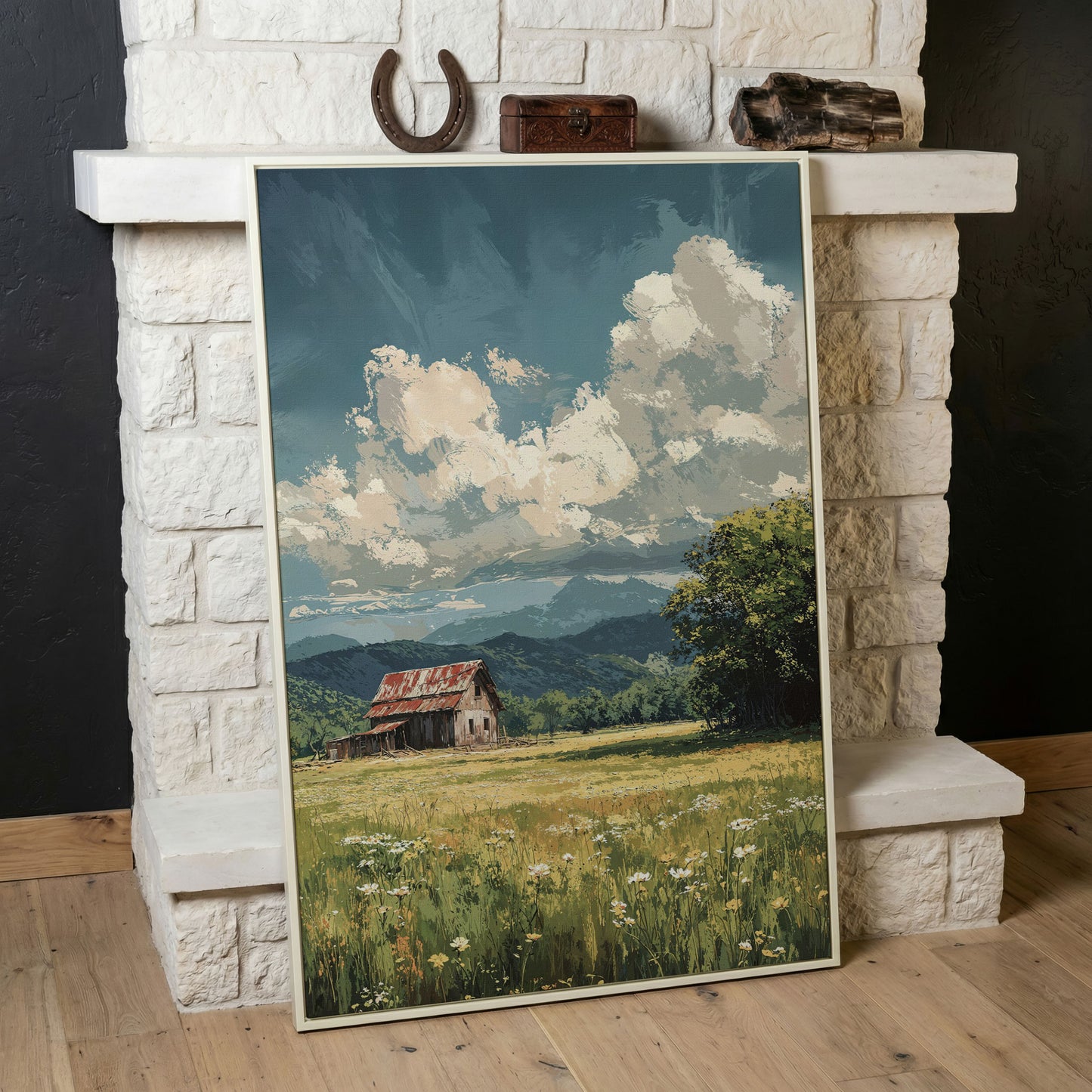 Red Barn and Wildflower Field Canvas Wall Art in white floating frame