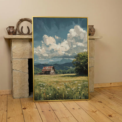 Red Barn and Wildflower Field Canvas Wall Art in yellow gold floating frame