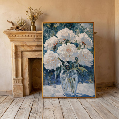 White Peonies in Glass Vase Canvas Wall Art, Pastel Bouquet Print in antique gold floating frame