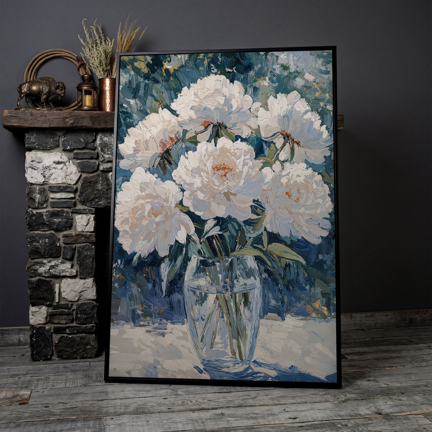 White Peonies in Glass Vase Canvas Wall Art, Pastel Bouquet Print in black floating frame