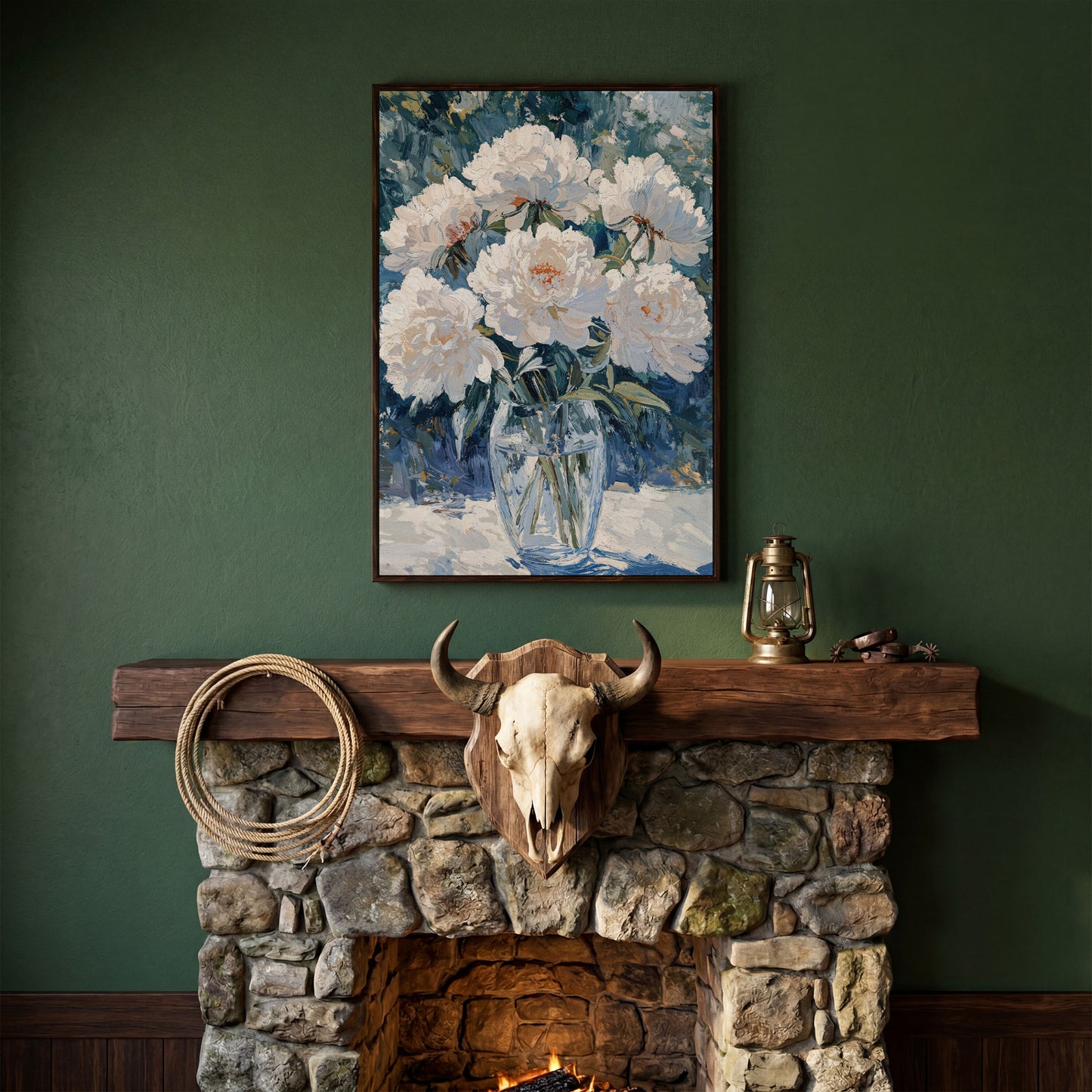 White Peonies in Glass Vase Canvas Wall Art, Pastel Bouquet Print in dark walnut floating frame