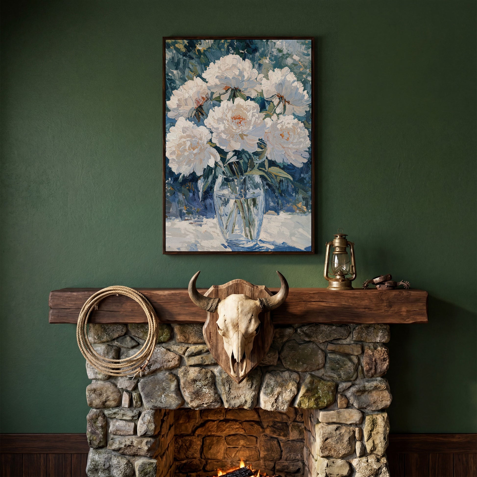 White Peonies in Glass Vase Canvas Wall Art, Pastel Bouquet Print in dark walnut floating frame