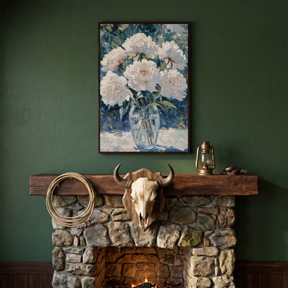 White Peonies in Glass Vase Canvas Wall Art, Pastel Bouquet Print in dark walnut floating frame