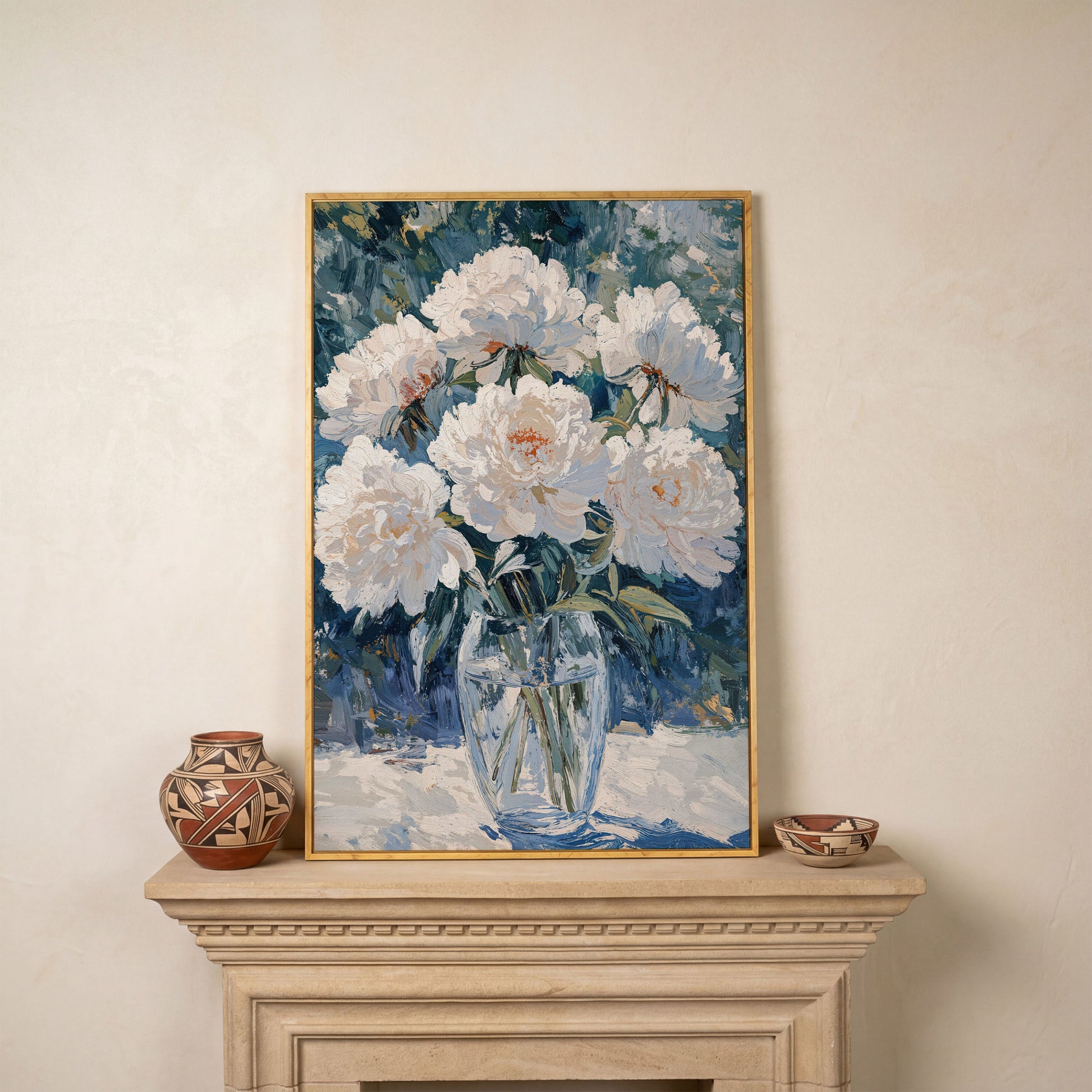 White Peonies in Glass Vase Canvas Wall Art, Pastel Bouquet Print in white oak floating frame
