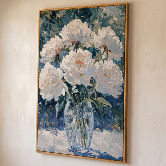 White Peonies in Glass Vase Canvas Wall Art, Pastel Bouquet Print shown in white oak floating frame