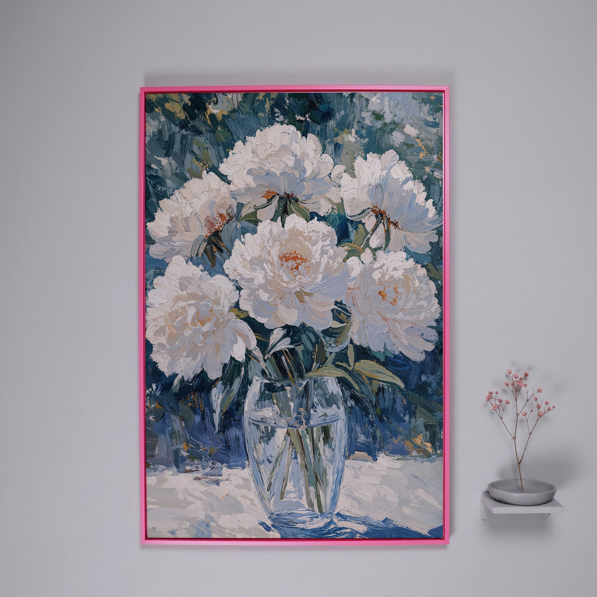 White Peonies in Glass Vase Canvas Wall Art, Pastel Bouquet Print in pink floating frame