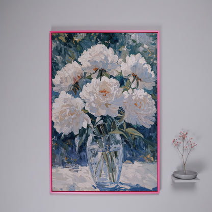 White Peonies in Glass Vase Canvas Wall Art, Pastel Bouquet Print in pink floating frame