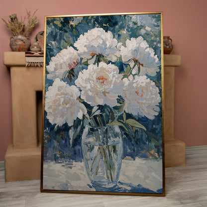 White Peonies in Glass Vase Canvas Wall Art, Pastel Bouquet Print in rose gold floating frame