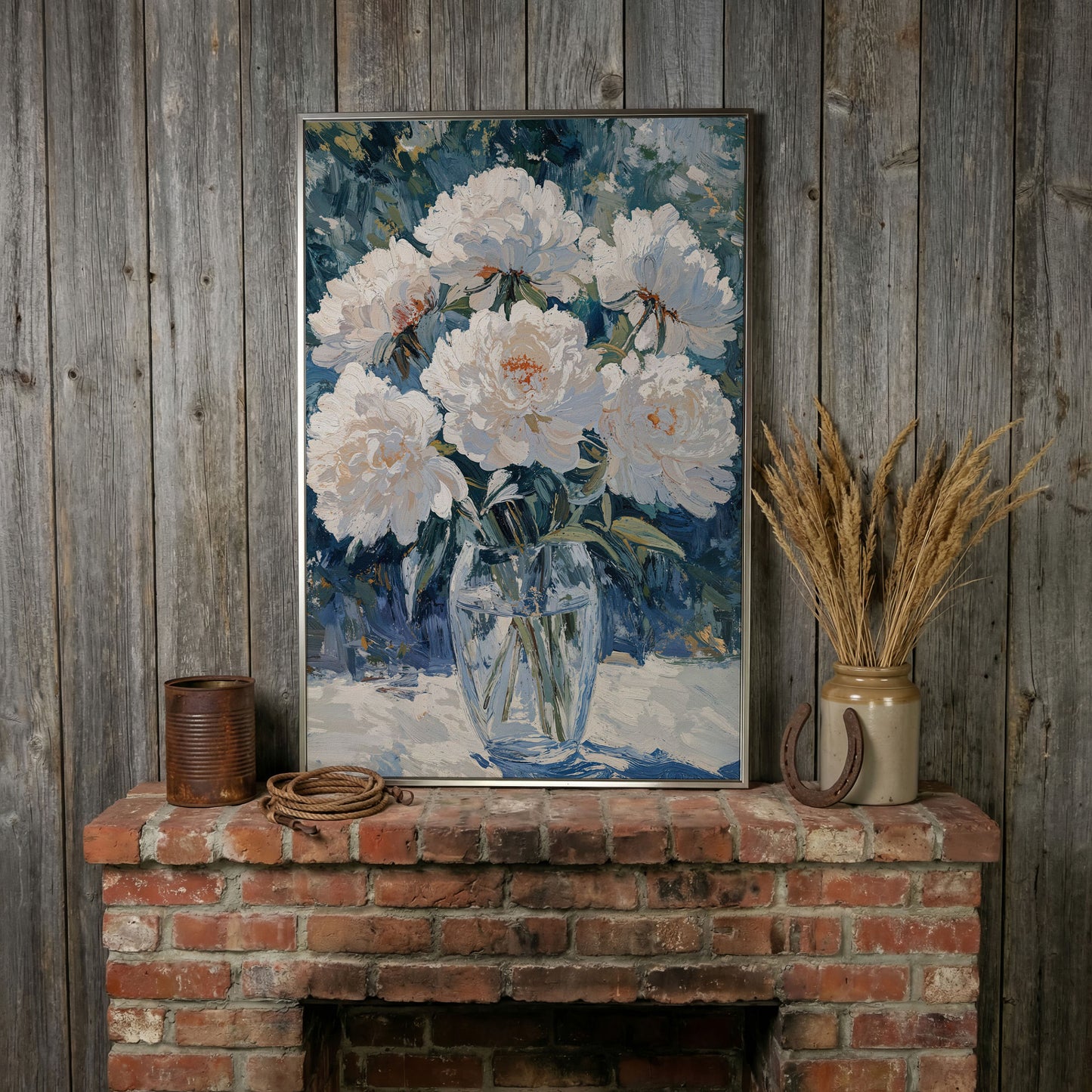 White Peonies in Glass Vase Canvas Wall Art, Pastel Bouquet Print in silver floating frame