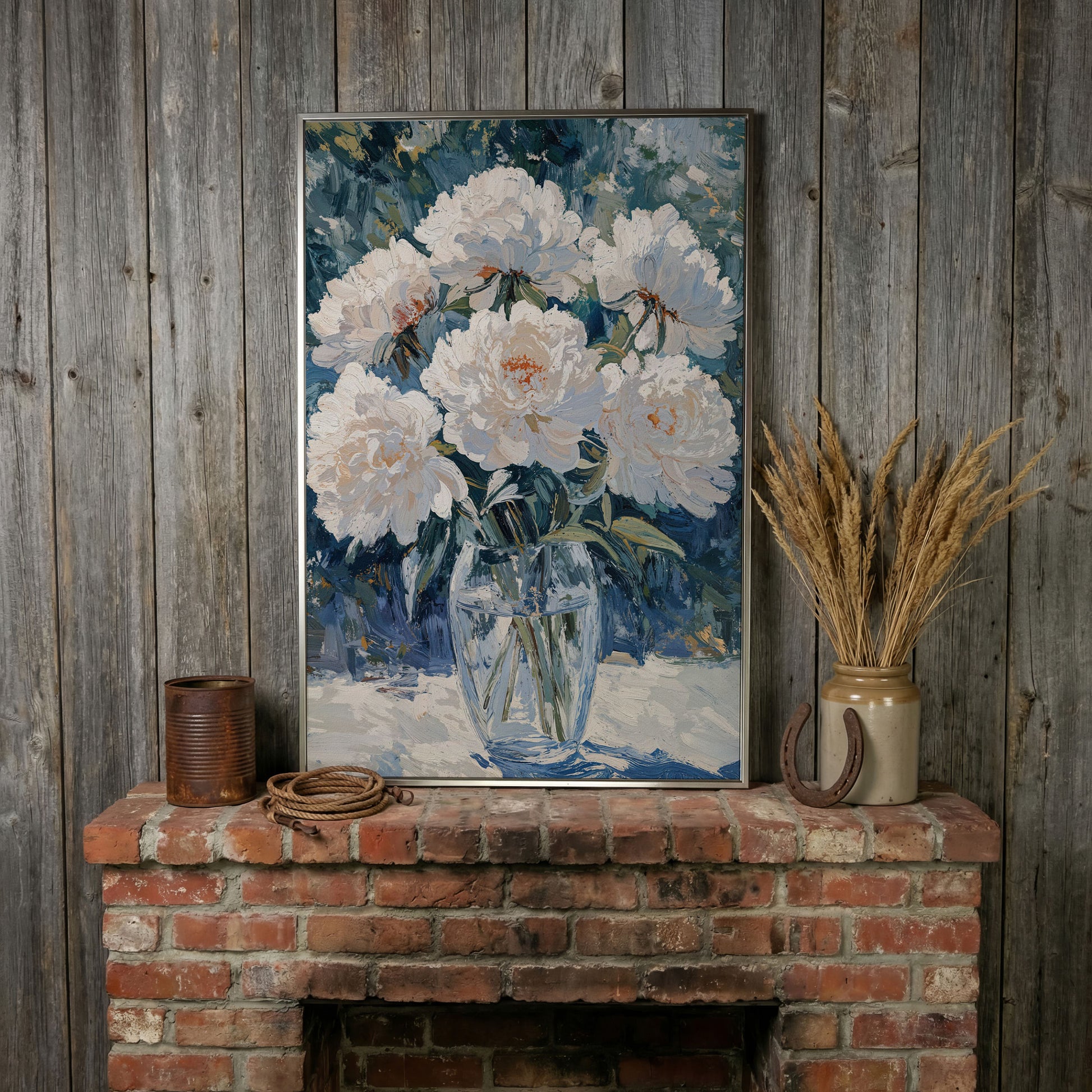 White Peonies in Glass Vase Canvas Wall Art, Pastel Bouquet Print in silver floating frame