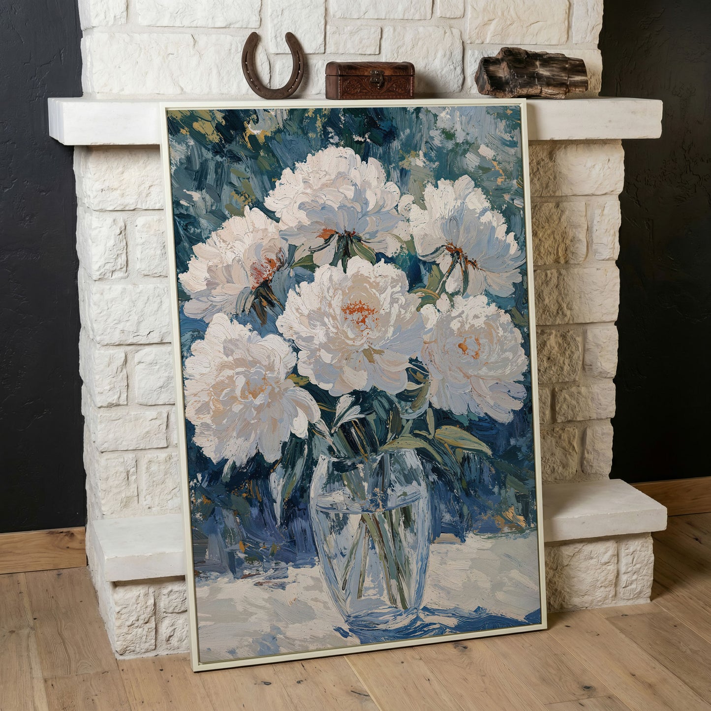 White Peonies in Glass Vase Canvas Wall Art, Pastel Bouquet Print in white floating frame
