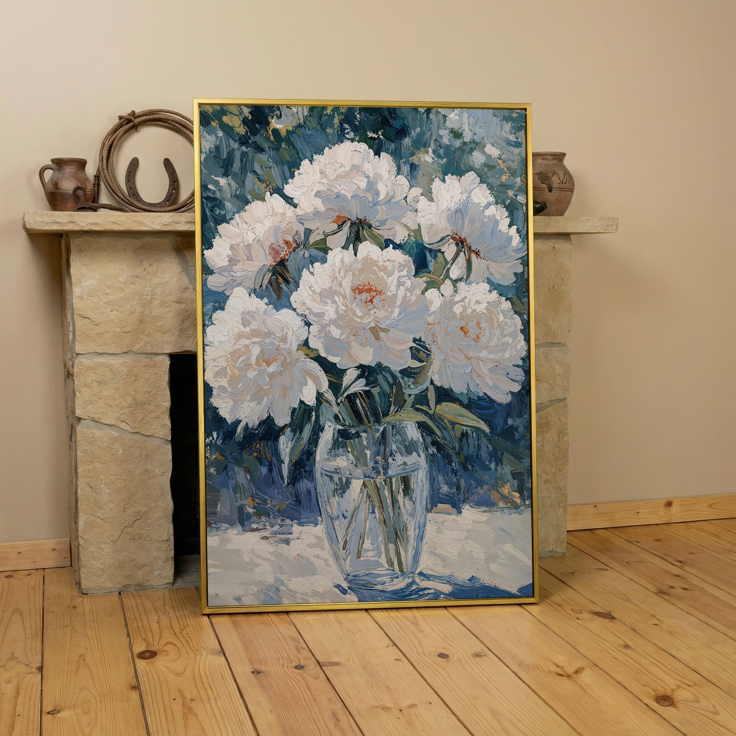 White Peonies in Glass Vase Canvas Wall Art, Pastel Bouquet Print in yellow gold floating frame