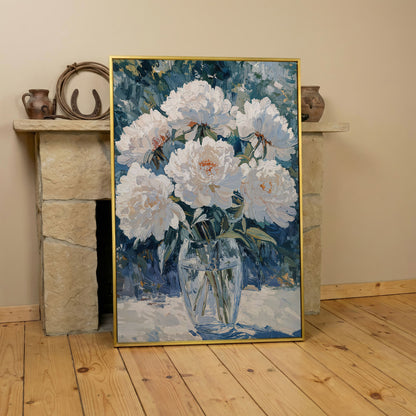 White Peonies in Glass Vase Canvas Wall Art, Pastel Bouquet Print in yellow gold floating frame