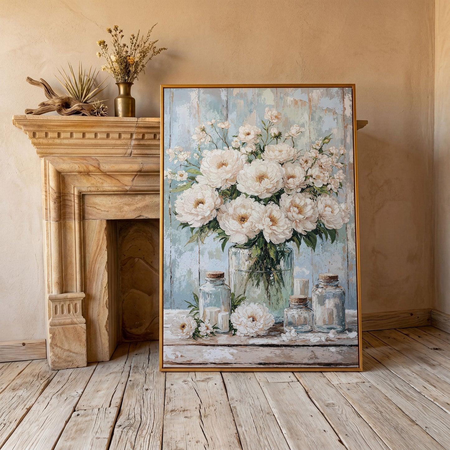 White Peonies in a Glass Vase, Rustic Farmhouse Canvas Art in antique gold floating frame