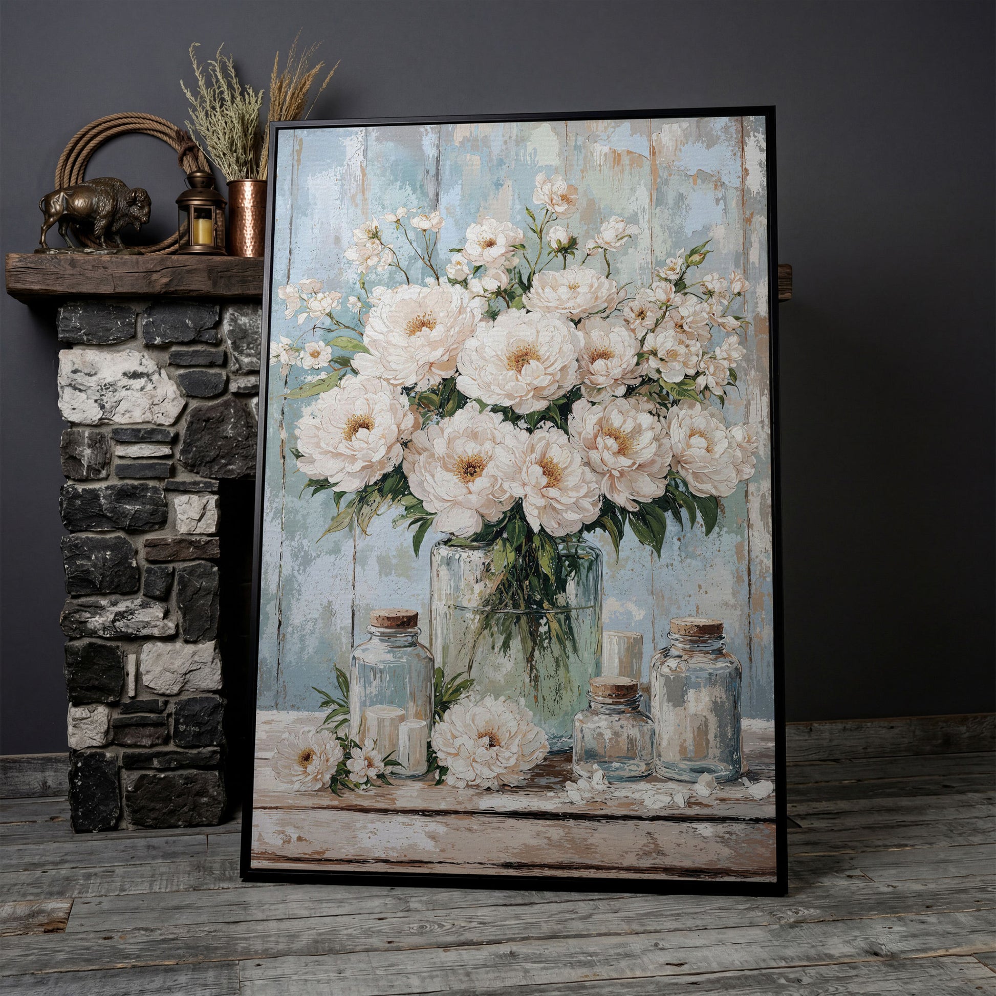 White Peonies in a Glass Vase, Rustic Farmhouse Canvas Art in black floating frame
