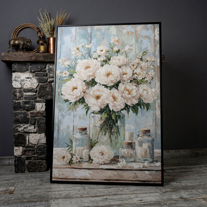 White Peonies in a Glass Vase, Rustic Farmhouse Canvas Art in black floating frame