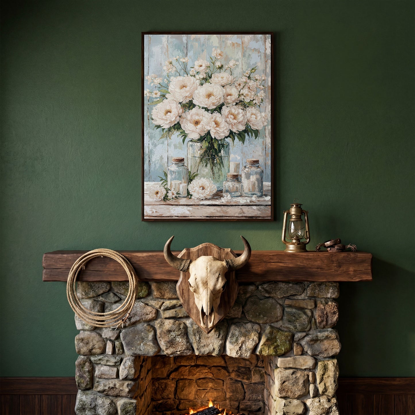 White Peonies in a Glass Vase, Rustic Farmhouse Canvas Art in dark walnut floating frame