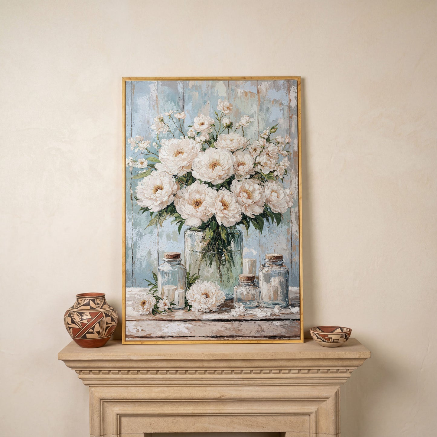 White Peonies in a Glass Vase, Rustic Farmhouse Canvas Art in white oak floating frame
