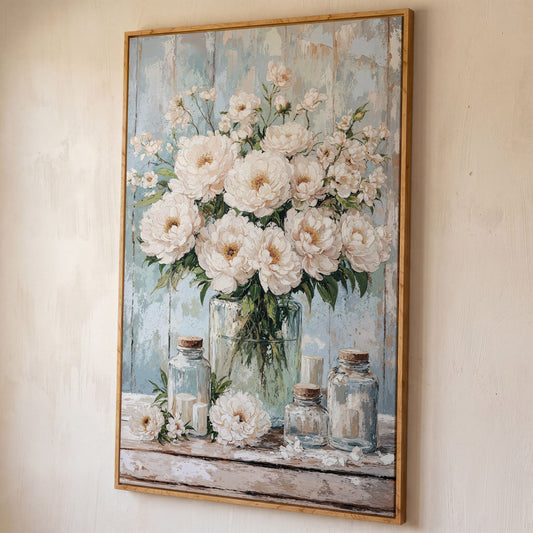 White Peonies in a Glass Vase, Rustic Farmhouse Canvas Art shown in white oak floating frame