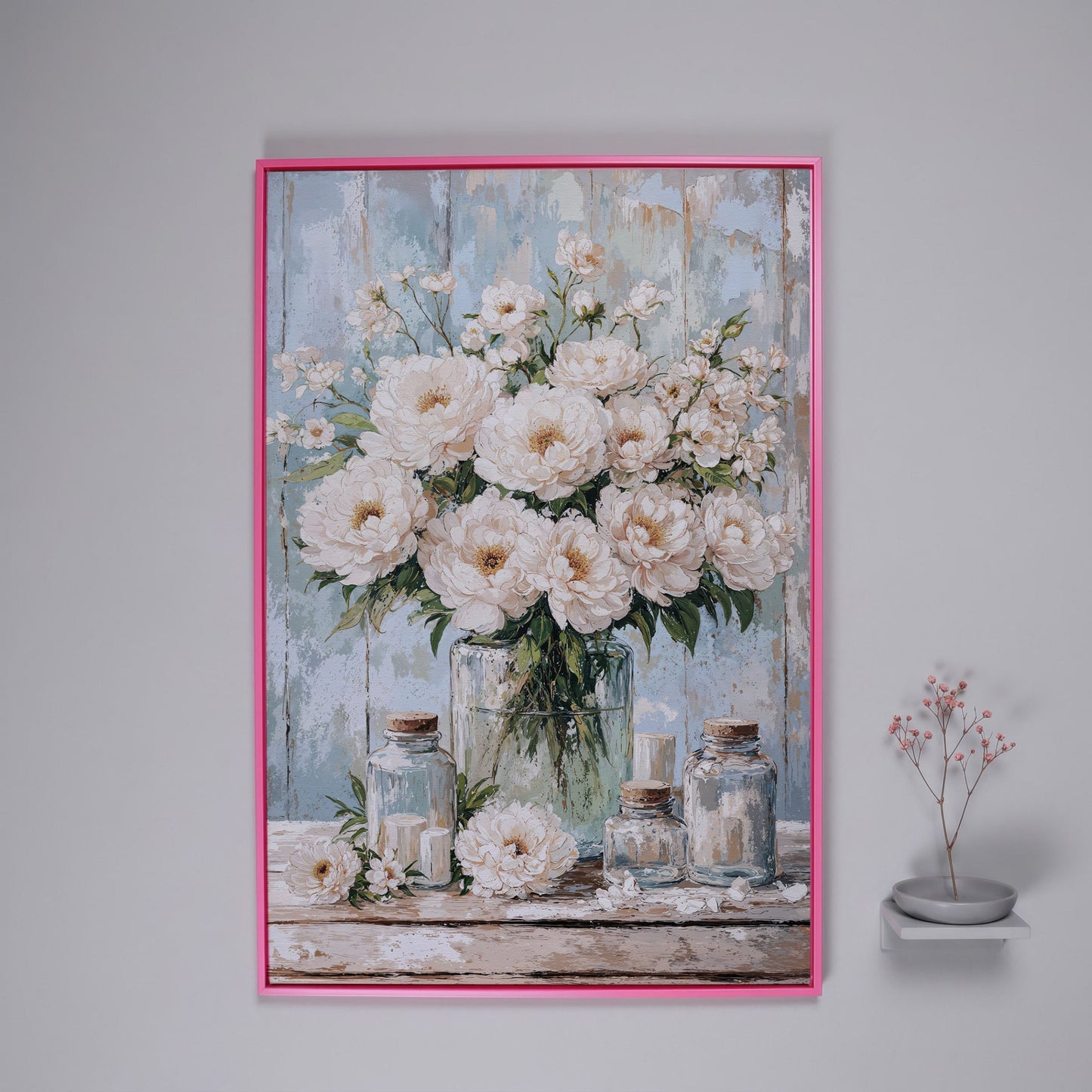 White Peonies in a Glass Vase, Rustic Farmhouse Canvas Art in pink floating frame