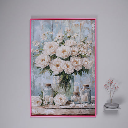 White Peonies in a Glass Vase, Rustic Farmhouse Canvas Art in pink floating frame