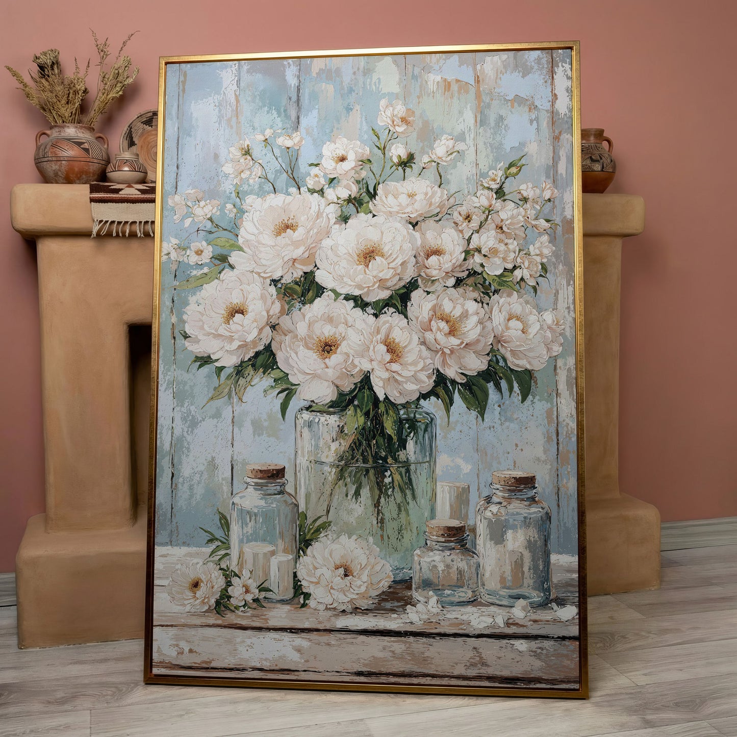 White Peonies in a Glass Vase, Rustic Farmhouse Canvas Art in rose gold floating frame
