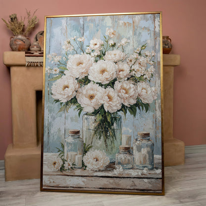 White Peonies in a Glass Vase, Rustic Farmhouse Canvas Art in rose gold floating frame