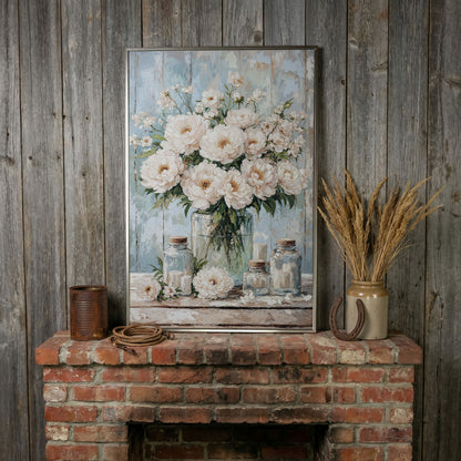White Peonies in a Glass Vase, Rustic Farmhouse Canvas Art in silver floating frame