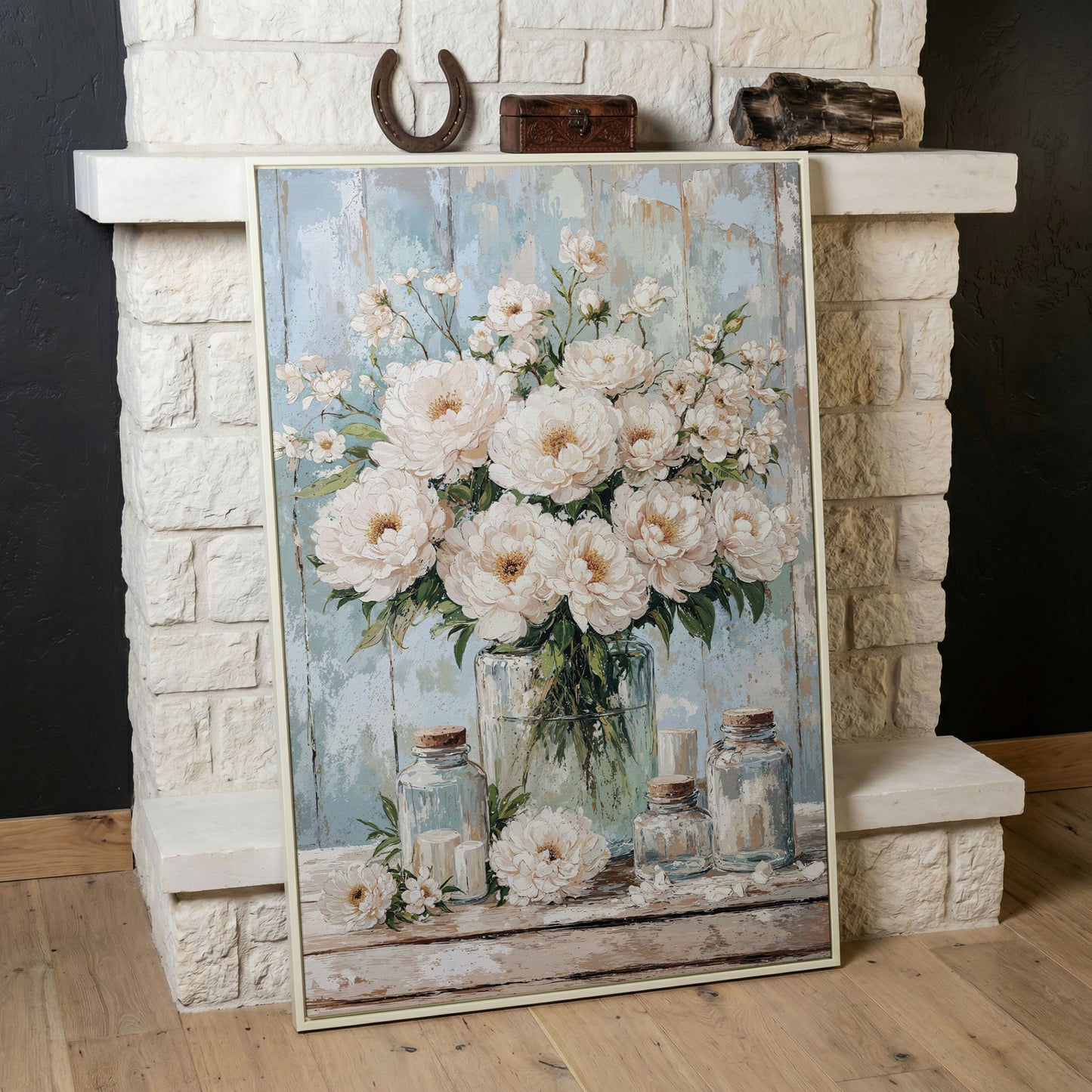 White Peonies in a Glass Vase, Rustic Farmhouse Canvas Art in white floating frame