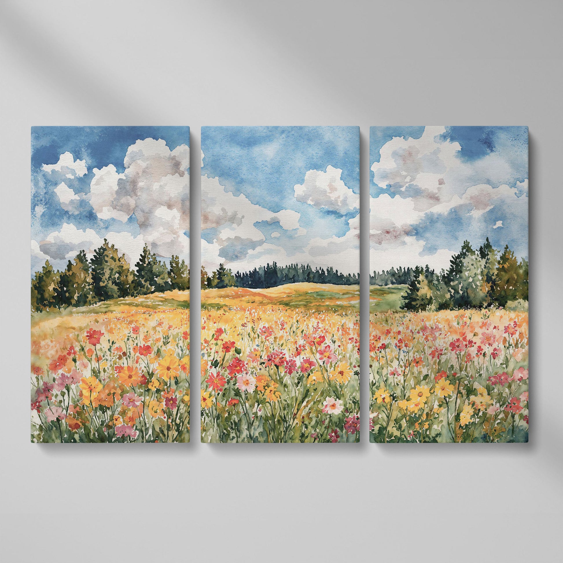 Wildflower Meadow Under Summer Skies. Canvas Wall Art as 3-panel split version