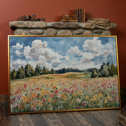 Wildflower Meadow Under Summer Skies. Canvas Wall Art in antique gold floating frame