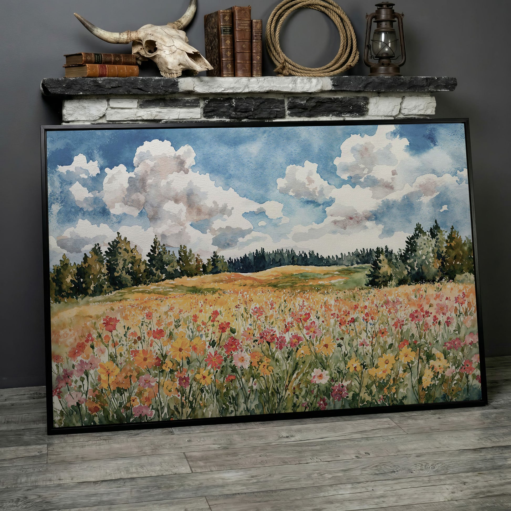 Wildflower Meadow Under Summer Skies. Canvas Wall Art in black floating frame