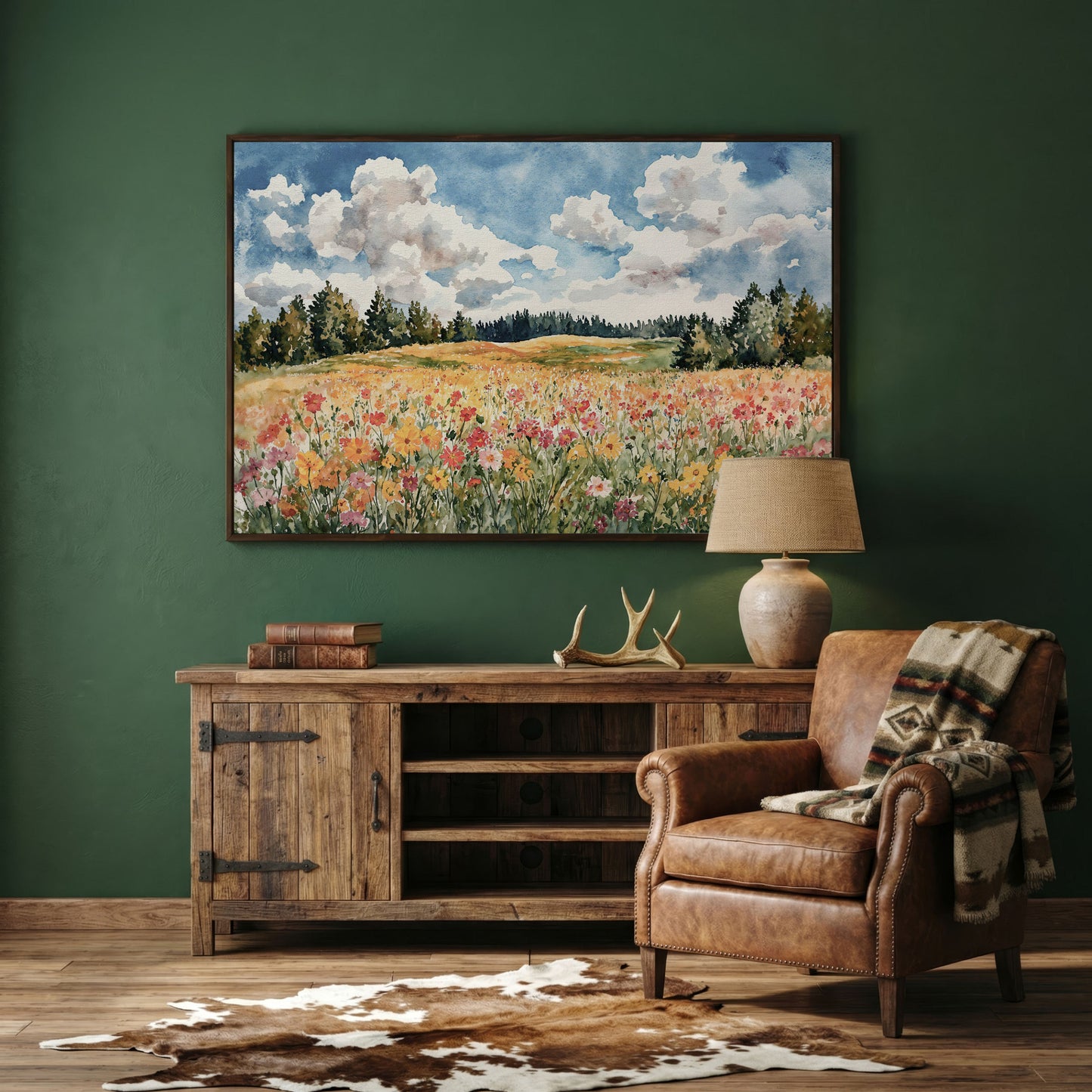 Wildflower Meadow Under Summer Skies. Canvas Wall Art in dark walnut floating frame