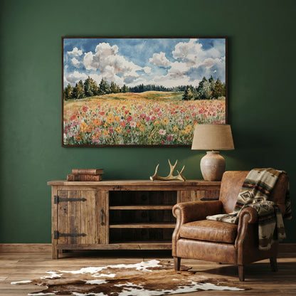 Wildflower Meadow Under Summer Skies. Canvas Wall Art in dark walnut floating frame