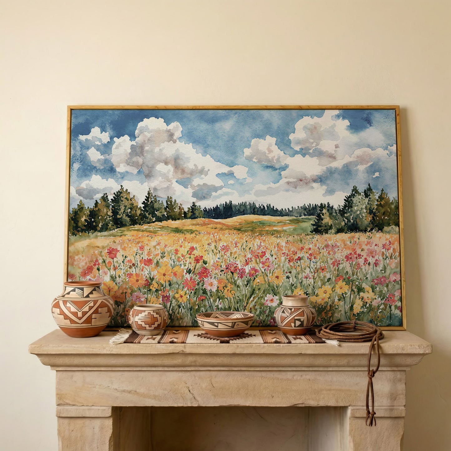 Wildflower Meadow Under Summer Skies. Canvas Wall Art in white oak floating frame