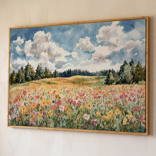 Wildflower Meadow Under Summer Skies. Canvas Wall Art shown in white oak floating frame