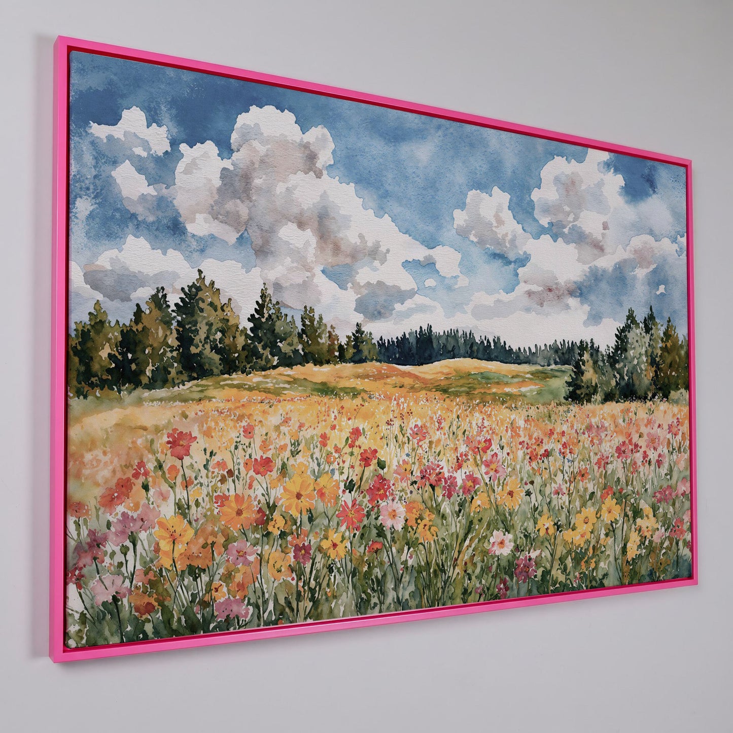 Wildflower Meadow Under Summer Skies. Canvas Wall Art in pink floating frame