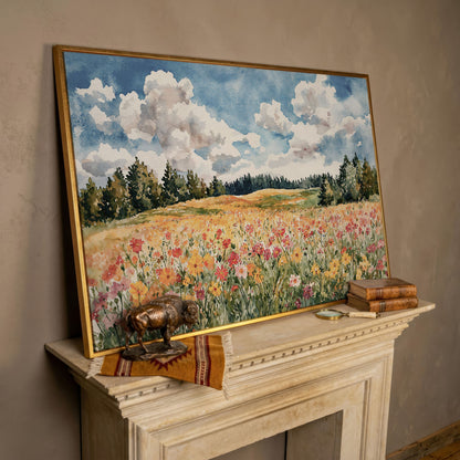 Wildflower Meadow Under Summer Skies. Canvas Wall Art in rose gold floating frame