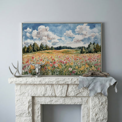 Wildflower Meadow Under Summer Skies. Canvas Wall Art in silver floating frame