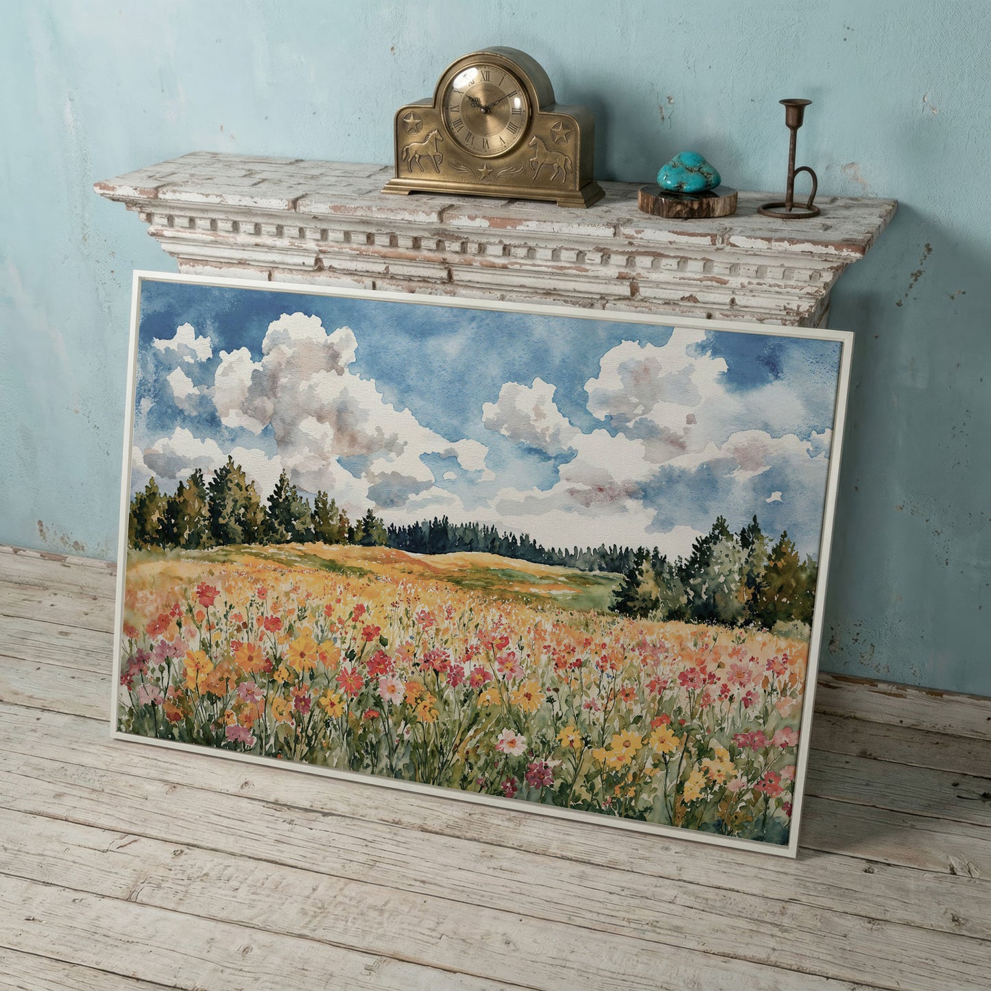 Wildflower Meadow Under Summer Skies. Canvas Wall Art in white floating frame