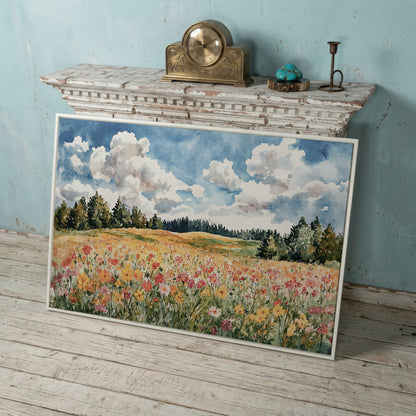 Wildflower Meadow Under Summer Skies. Canvas Wall Art in white floating frame