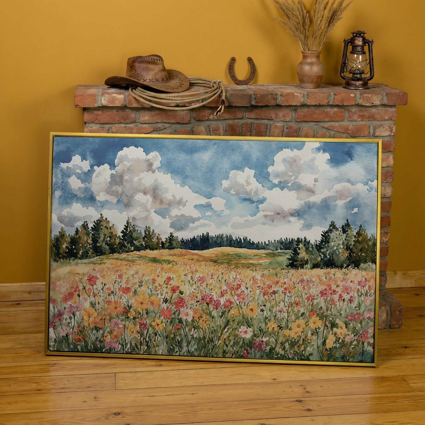 Wildflower Meadow Under Summer Skies. Canvas Wall Art in yellow gold floating frame