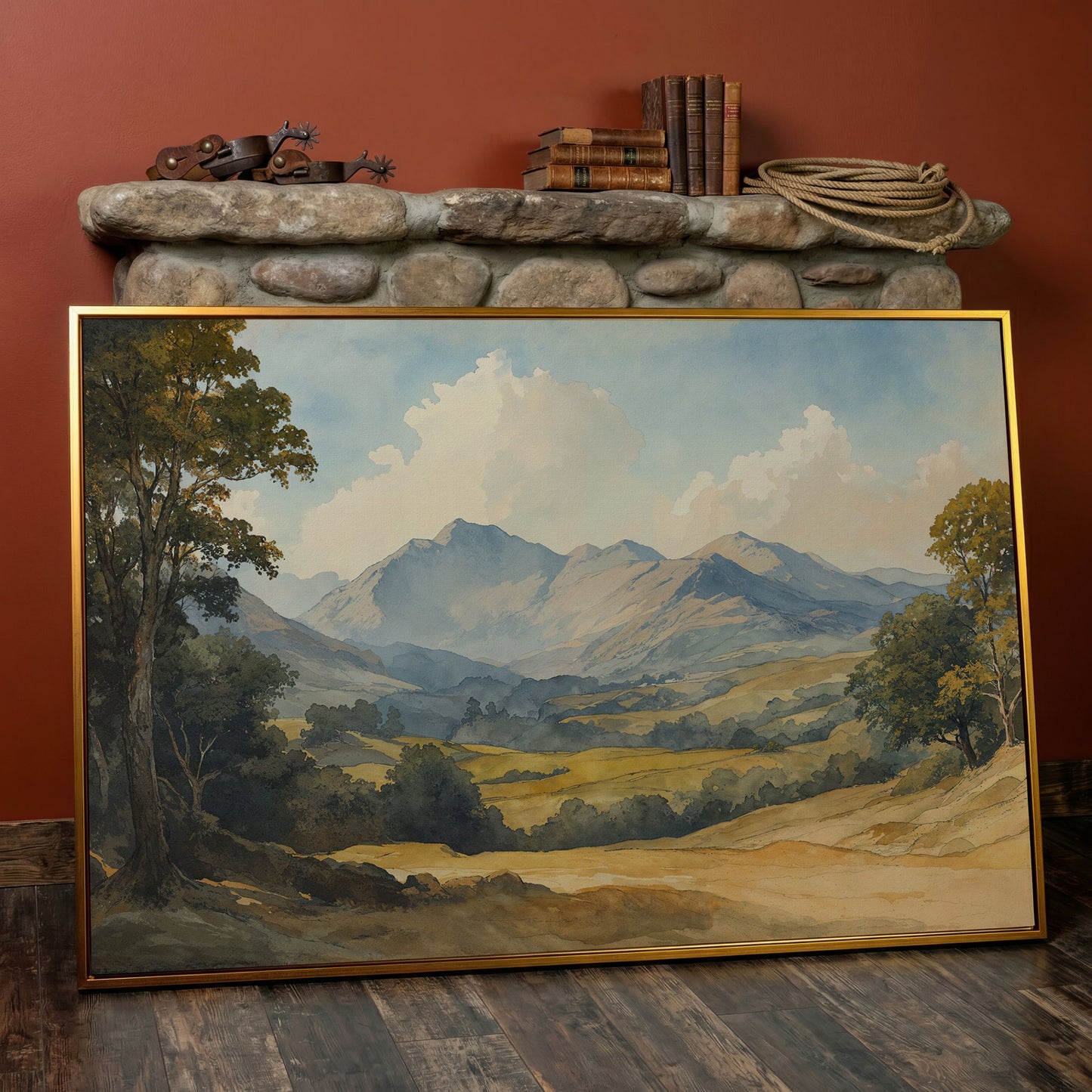 Rolling Hills and Mountain Horizon Canvas Wall Art in antique gold floating frame