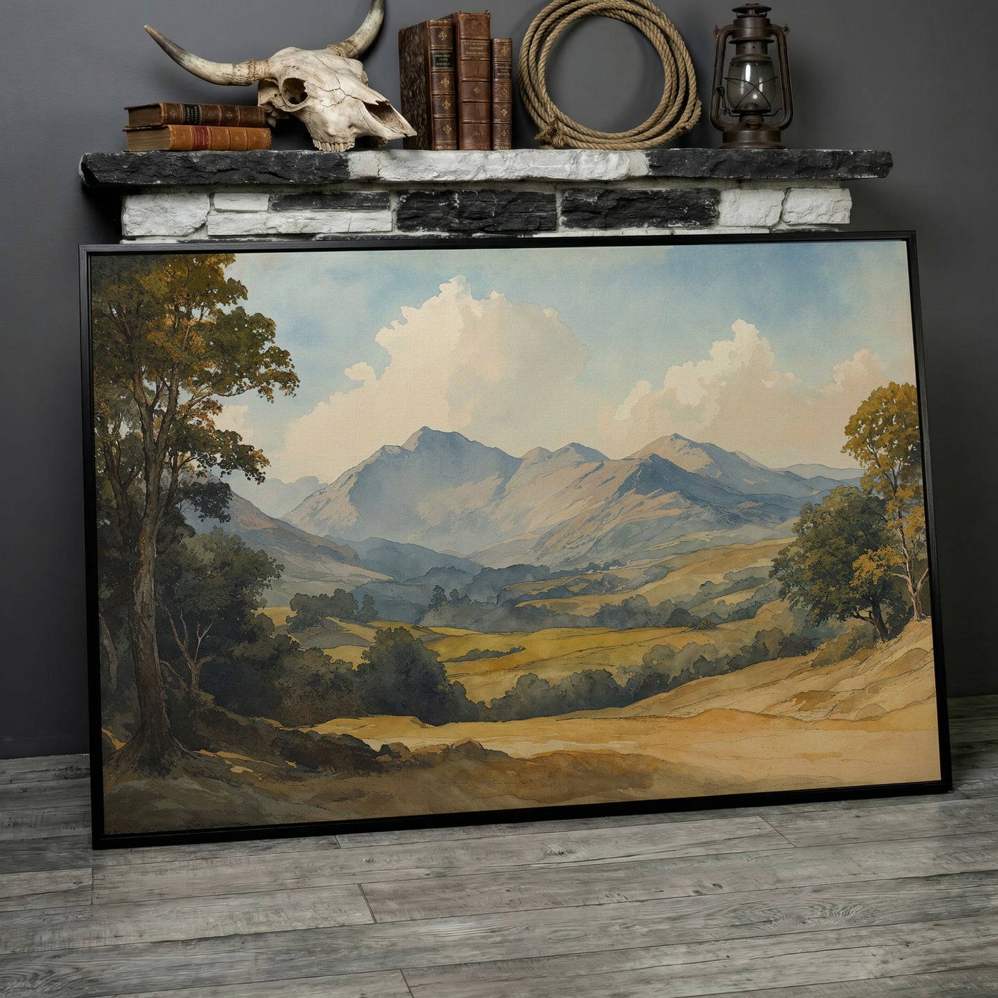 Rolling Hills and Mountain Horizon Canvas Wall Art in black floating frame