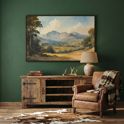 Rolling Hills and Mountain Horizon Canvas Wall Art in dark walnut floating frame