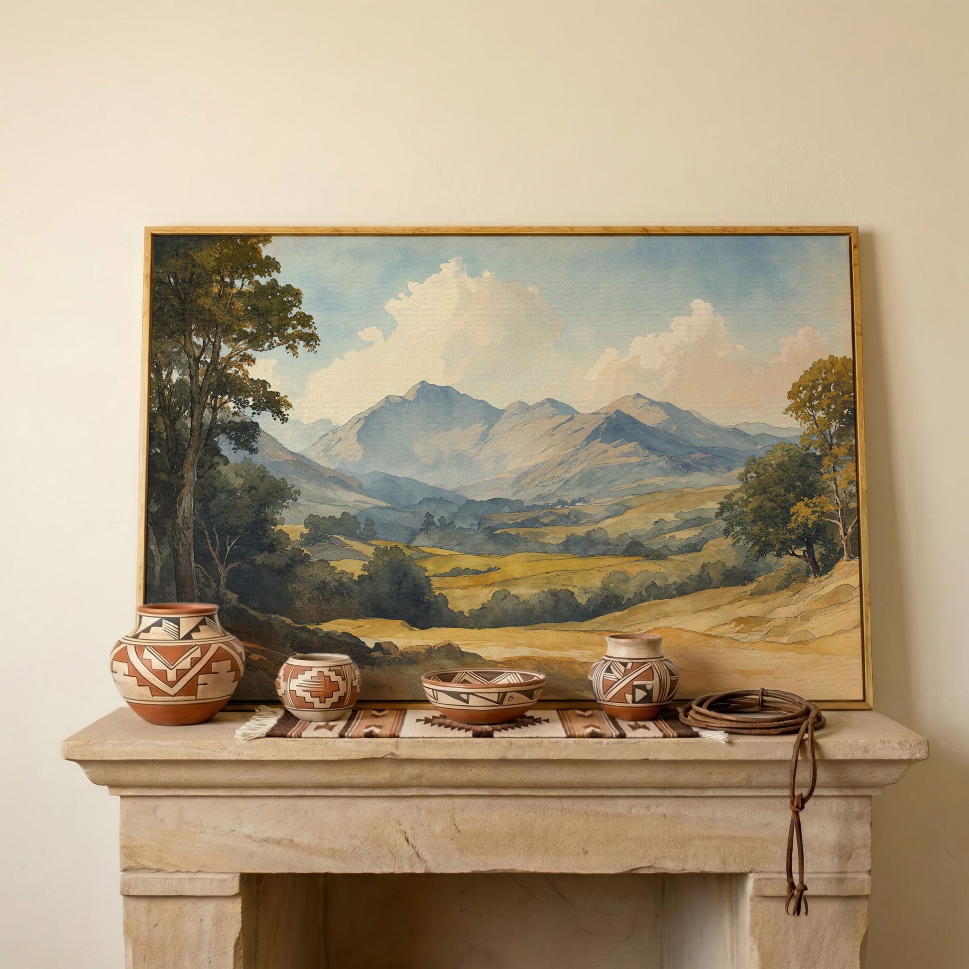 Rolling Hills and Mountain Horizon Canvas Wall Art in white oak floating frame