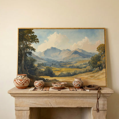 Rolling Hills and Mountain Horizon Canvas Wall Art in white oak floating frame